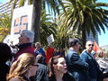 Spectators and protesters gathered along the southbound lanes