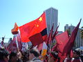 A pro-Chinese protester displays the Chinese flag among the protesters' flags