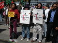 Protesters at the entrance to Justin Herman Plaza at Market Street