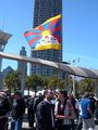 People in front of the F Market & Wharves streetcar stop across from the Ferry Building